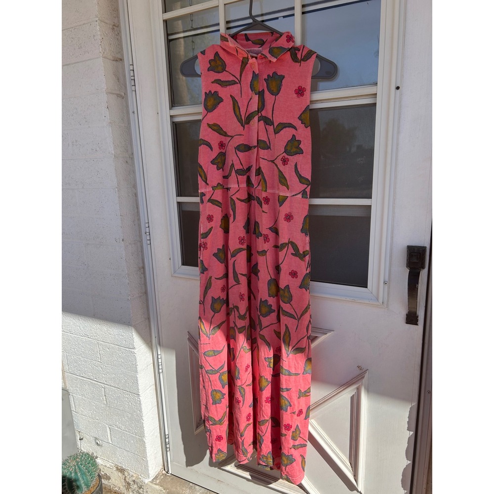Fresh Produce Pink Floral Tulip Cotton Sleeveless Maxi Dress Small Made in USA